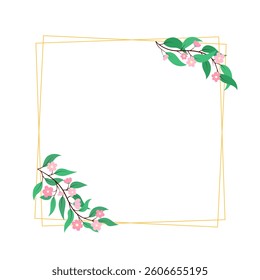 Elegant square floral frame with gold geometric lines and pink flowers isolated on white background. Decorative blossom design element for invitations, greeting cards. Botanical vector illustration. 