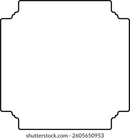 An elegant square frame with intricate corner details in a minimalist style. The design features symmetrical patterns creating a sophisticated border. Cartoon vector illustration.