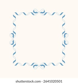 Elegant square frame made of curly blue ribbon with bows on each side. Perfect for greeting cards, invitations, and decorative designs.