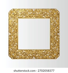 Quadro de ouro quadrado elegante com entalhes florais intrincados e motivos de videira, perfeito para decoração vintage, apresentações de arte ou projetos de design com tema antigo.