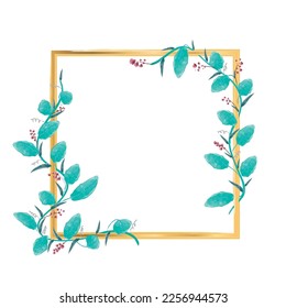 Elegant square golden frame with watercolor painted flowers to include texts, messages and beautiful phrases