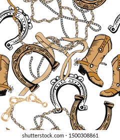Elegant square pattern with chains, horse shoe, cowboy boots and belt. fashion head scarf design with gold chains, design for textile, wallpaper, wrapping. Western pattern. Country wallpaper.