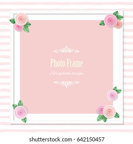 Elegant square photo frame decorated with roses on striped background. Wedding, baby shower, scrapbook album page template. Girly.