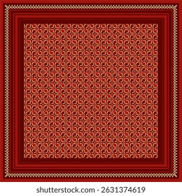 Elegant Square Scarf with Ornate Border and Geometric Pattern
This minimalist ethnic hijab scarf design features a geometric border with traditional patterns in an elegant maroon and gold color scheme