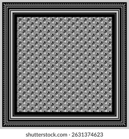 Elegant Square Scarf with Ornate Border and Geometric Pattern
This minimalist ethnic hijab scarf design features a geometric border with traditional patterns in an elegant maroon and gold color scheme