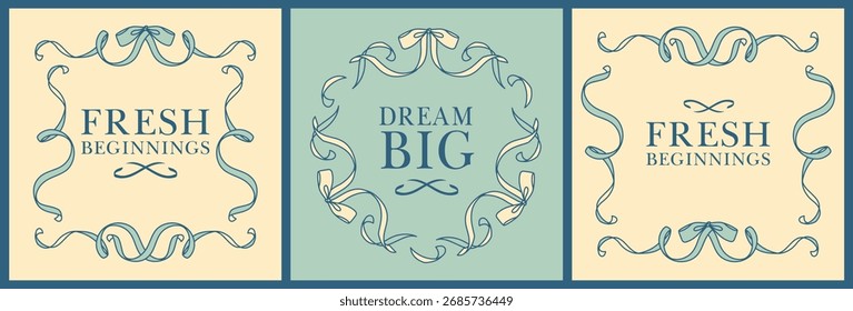 Elegant square templates with ribbon frames and inspirational statement. Vintage blue and cream designs, ideal for invitations, banners, and romantic notes.