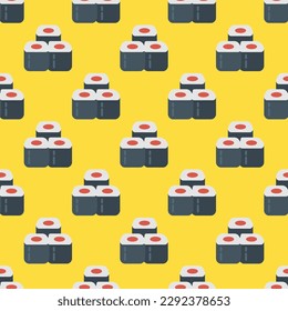 Elegant square tile decorated with a vibrant food engraving. Seamless pattern with sushi  on sandstorm background. Design for a water-resistant wrap for fried chicken.
