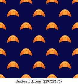 Elegant square tile decorated with a vibrant food engraving. Seamless pattern with croissant on oxford blue background. Design for a sustainable sushi wrap.