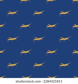 Elegant square tile with a playful animal design. Seamless pattern with insect shape of gryllotalpa on indian yellow background. Design for brochures with illustrations of farm animals.