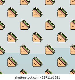 Elegant square tile with a playful food design. Seamless pattern with sandwich on light gray background. Design for an insulated wrap for burritos.