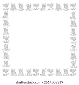 Elegant square vector frame with grey cocktail glasses. Hand drawn summer drinks decorated with citrus, mint, and ice. Perfect for menu, party invites, or summer events.