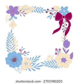 Elegante marco cuadrado de invierno decorado con hojas azules suaves, flores pastel y una cinta roja festiva. Ideal para tarjetas de felicitación, invitaciones y diseños decorativos de invierno