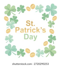 Elegantes St. Patrick’s Day Rahmendesign mit Kleeblättern, schwimmenden Goldmünzen und minimalem irischen Urlaubsstil