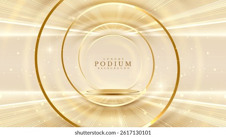 Elegant stage backdrop with golden podium and lights shining from behind With bokeh decoration. Cream elegant background Suitable for product promotions and award ceremonies.