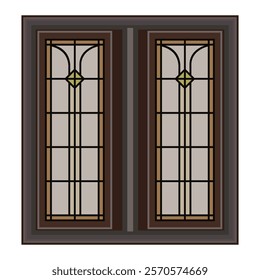 Elegant stained glass window design with intricate patterns and wooden frame details