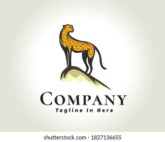 elegant stand at hill yellow cat, tiger, lion, cheetah, panther logo, symbol design illustration