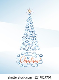 Elegant star fir-tree on a light blue background. Merry Christmas! A festive greeting in an openwork frame. Design of a greeting card, celebration invitation.