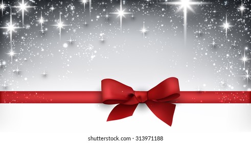 Elegant starry christmas banner with red bow. Vector Illustration with snowflakes and place for text. 