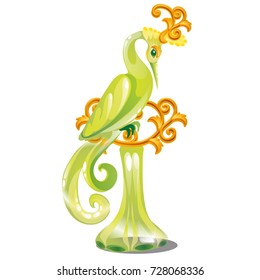 Elegant statue of a Paradise bird of jade with florid ornaments of gold isolated on white background. Luxury souvenir of nephrite in the Oriental style. Vector cartoon close-up illustration.