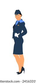 Elegantes camareras con uniforme sonriente ilustración vectorial aislado. El encantador deber de las mujeres empresarias de la anfitriona. Miembro de la tripulación de cabina del avión. Guapa dama exitosa portadora. Mujer elegante y segura.