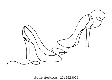 Elegant stiletto heeled boat shoes drawn with a continuous line in minimalism, abstract style, women shoes, high heel, single line, editable vector contour