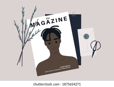 Elegant still life, a magazine with a headshot of a young male Black character, a branch with leaves, and scissors with an envelope