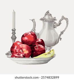 Elegant still life with red apples, a silver teapot, and a candle. Apples and teapot create a classic, timeless scene. Apples and teapot add elegance. Vintage illustration isolated on white, vector.