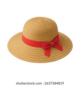 Elegant straw beach hat with bright red ribbon – vector illustration isolated on white background. Ideal for summer fashion, seaside accessories, vacation catalogs, and resort styling visuals.