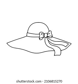 Elegant straw hat with a bow. Fun at sea. Vacation accessories. Vector illustration isolated on a white background.