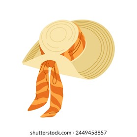 Elegant straw hat for woman with wide brim and ribbon scarf isolated icon on white background