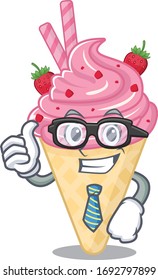 An elegant strawberry ice cream Businessman mascot design wearing glasses and tie