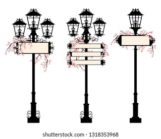 elegant street lights with blank information boards among blooming sakura branches - springtime urban decor vector set