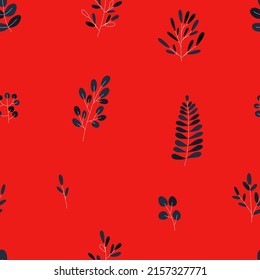 Elegant strict pattern with leaves in minimalist style. Red black seamless pattern sprigs leaves