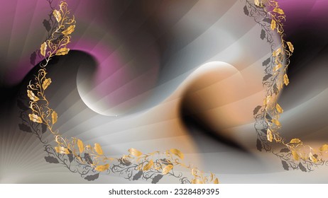 Elegante fondo rayado con efecto desdibujado. Hermosas ramas de arte curvadas lisas con hojas sobre la superficie de rayas translúcidas y colores mezclados. efecto 3D. Vector.