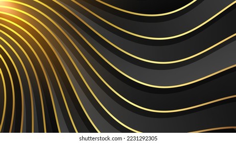 Elegant striped background. Dark wavy stripes with a golden outline form a beautiful surface. Template for designing blogs, posters, covers, booklets and other projects of yours. Vector.