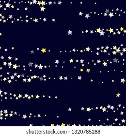Elegant striped background. Stripes from random stars.  Isolated yellow blue white grey gradient stellar elements. Holiday celebration luminous glossy vector template for decorations