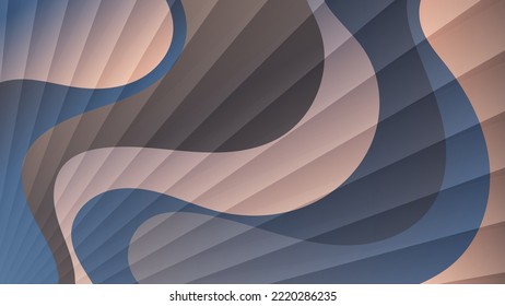 Elegant striped wallpaper in beige, blue, brown tones. Translucent stripes on a background of overlapping wavy abstract shapes. Template for your projects. Vector.