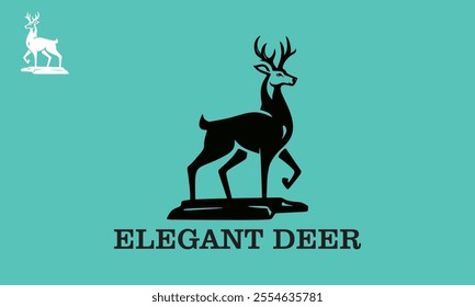 elegant strong deer standing logo silhouette of big antler standing on rock vector illustrations