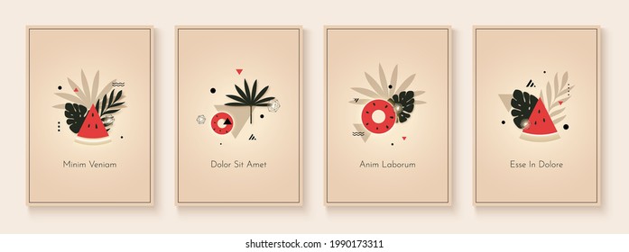 Elegant style summer background covers set with tropical leaves and geometric elements. Vector template for posters, placards, banners, flyers and presentations. EPS 10 illustration.