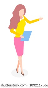 Elegant stylish businesswoman wearing yellow shirt, pink skirt, shoes. Business lady style. Dresscode of office worker. Pretty brown-haired woman with documents or folder in hand. Portrait isometric
