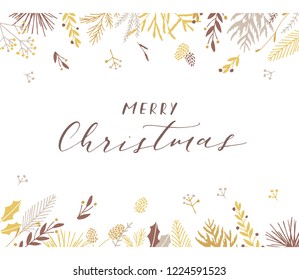 Elegant stylish Christmas greeting card design. Minimalist vector hand drawn holiday postcard, delicate winter leaves and branches. Gentle calligraphic festive lettering quote. Merry Christmas.