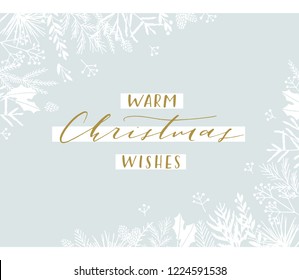 Elegant Stylish Christmas Greeting Card Design. Minimalist Vector Hand Drawn Holiday Postcard, Delicate Winter Leaves And Branches. Gentle Calligraphic Festive Lettering Quote. Warm Christmas Wishes.