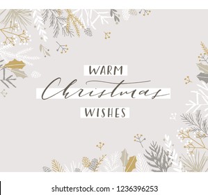 Elegant stylish Christmas greeting card design. Minimalist vector hand drawn holiday postcard, delicate winter leaves and branches. Gentle calligraphic festive lettering quote. Warm Christmas wishes.