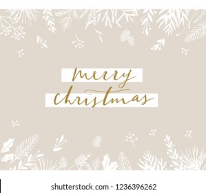 Elegant stylish Christmas greeting card design. Minimalist vector hand drawn holiday postcard, delicate winter leaves and branches. Gentle calligraphic festive lettering quote. Merry Christmas.