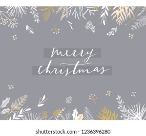 Elegant stylish Christmas greeting card design. Minimalist vector hand drawn holiday postcard, delicate winter leaves and branches. Gentle calligraphic festive lettering quote. Merry Christmas.