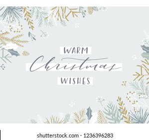 Elegant stylish Christmas greeting card design. Minimalist vector hand drawn holiday postcard, delicate winter leaves and branches. Gentle calligraphic festive lettering quote. Warm Christmas wishes.