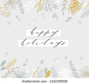 Elegant stylish Christmas greeting card design. Minimalist vector hand drawn holiday postcard, delicate winter leaves and branches. Gentle calligraphic festive lettering quote. Happy Holidays.