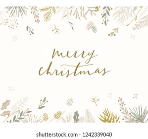 Elegant stylish Christmas greeting card design. Minimalist vector hand drawn holiday postcard, delicate winter leaves and branches. Gentle calligraphic festive lettering quote. Merry Christmas.
