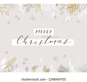 Elegant stylish Christmas greeting card design. Minimalist vector hand drawn holiday postcard, delicate winter leaves and branches. Gentle calligraphic festive lettering quote. Merry Christmas.