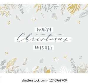 Elegant stylish Christmas greeting card design. Minimalist vector hand drawn holiday postcard, delicate winter leaves and branches. Gentle calligraphic festive lettering quote. Warm Christmas wishes.